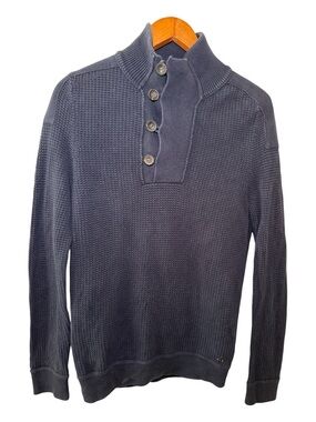 Hugo BOSS Orange Label Navy Ribbed Knit Sweater 4 Button Mock Neck Size Small
